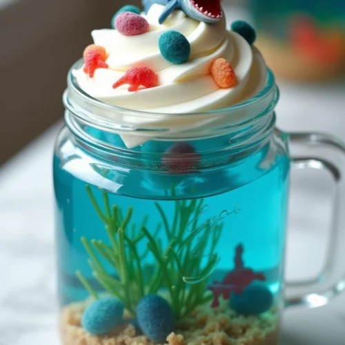Close-up of edible aquarium terrarium dessert with blue gelatin, cookie sand, and gummy sea creatures in a mason jar