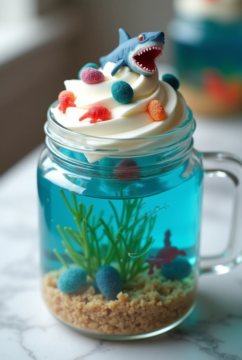 Close-up of edible aquarium terrarium dessert with blue gelatin, cookie sand, and gummy sea creatures in a mason jar