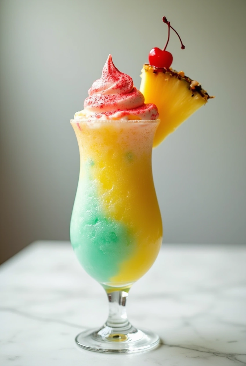 Rainbow Sherbet Piña Colada in a tall glass with pineapple and cherry