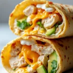 Golden grilled Chicken Avocado Ranch Burritos filled with creamy avocado, cheddar, and ranch, sliced in half on a rustic white plate