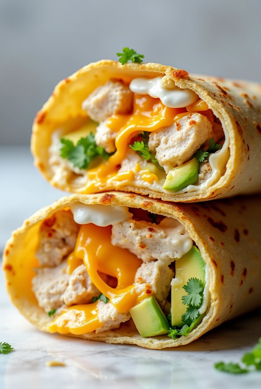 Golden grilled Chicken Avocado Ranch Burritos filled with creamy avocado, cheddar, and ranch, sliced in half on a rustic white plate