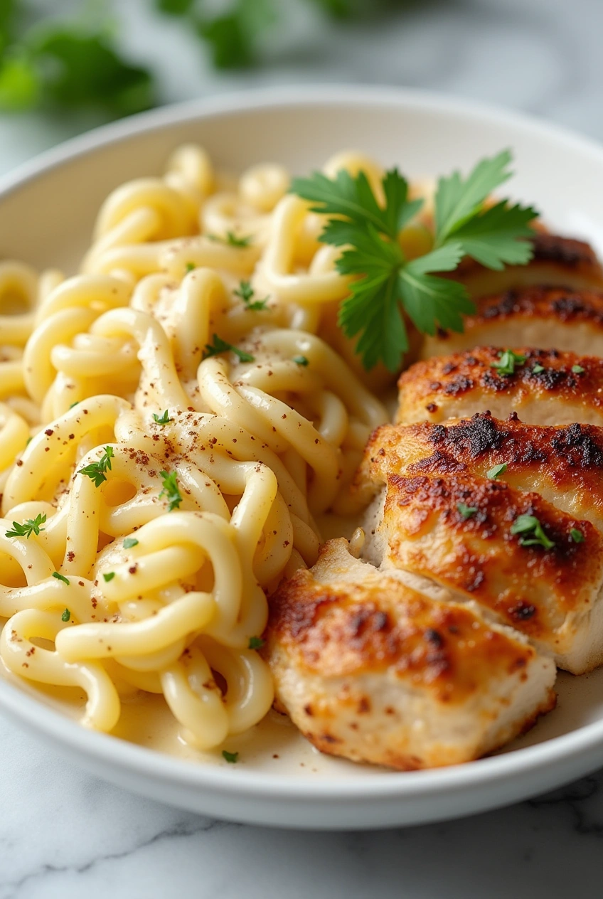 Close-up of creamy Parmesan chicken with cheesy twisted pasta on a plate