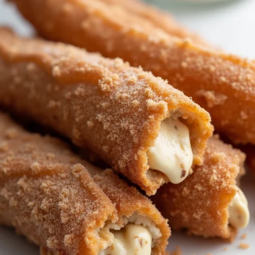 Close-up of cookie dough cheesecake stuffed churros rolled in cinnamon sugar