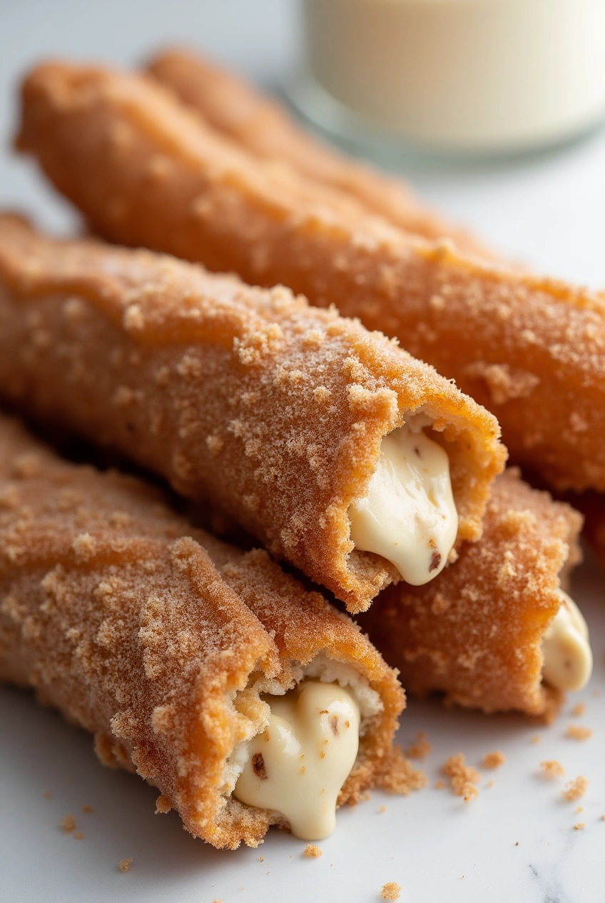 Close-up of cookie dough cheesecake stuffed churros rolled in cinnamon sugar