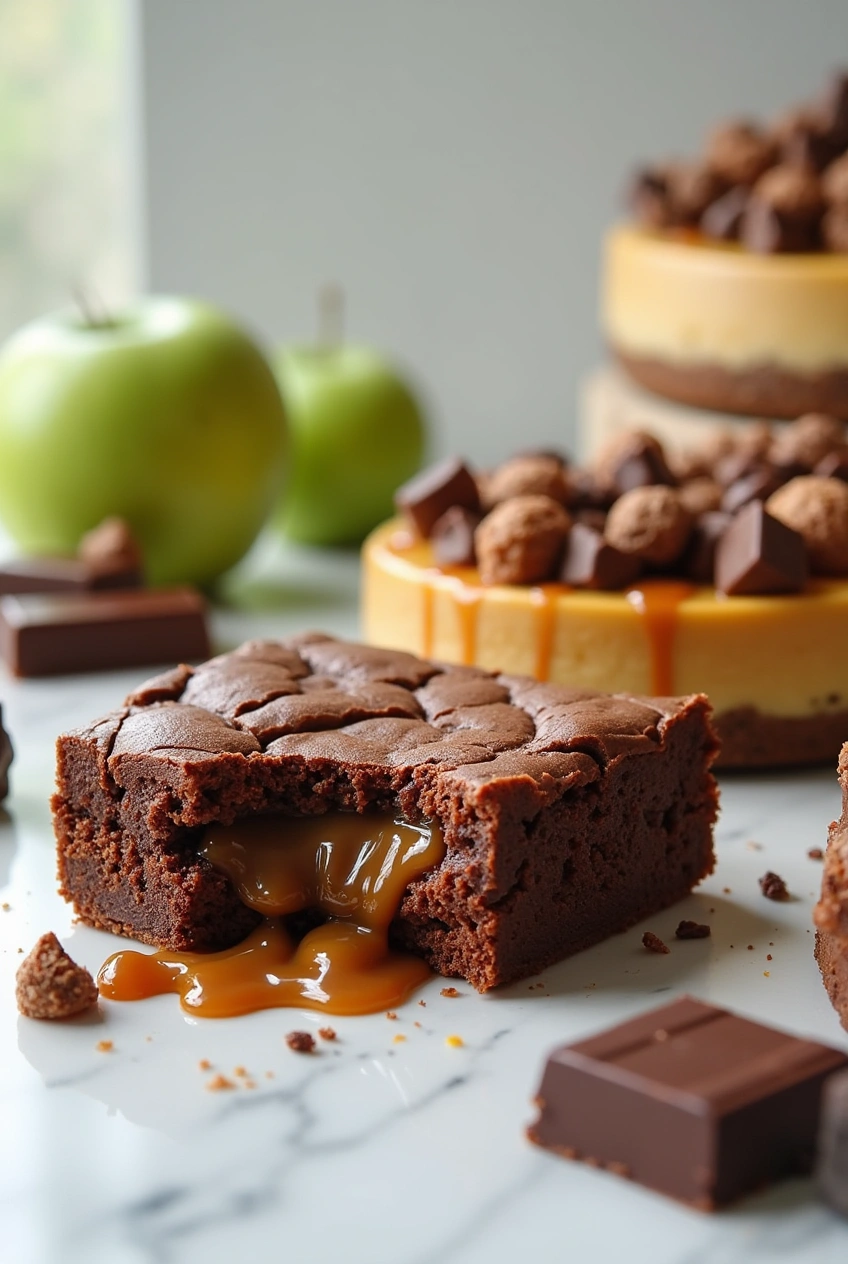 Ultra close-up of SNICKERS brownies, cookies, salad, and cheesecake on a rustic wooden table