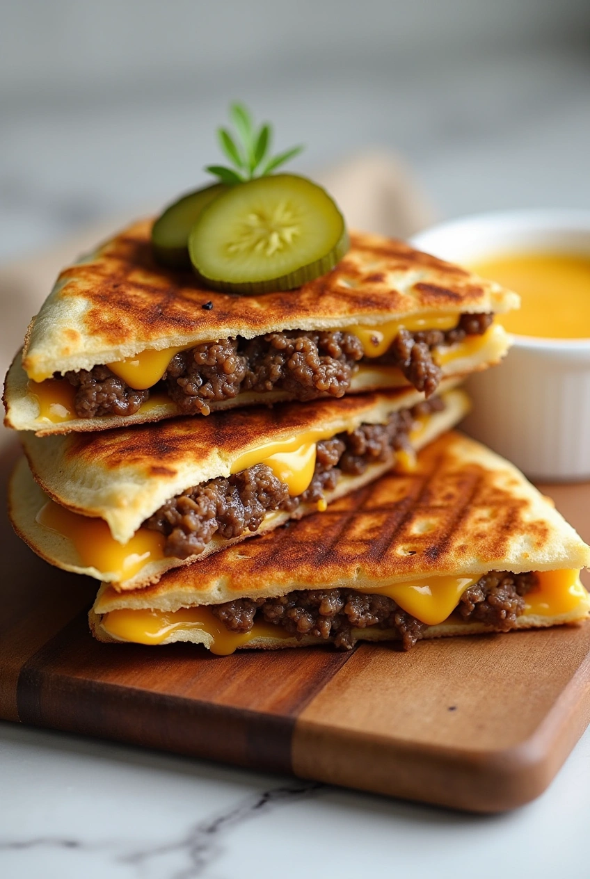 Crispy Cheeseburger Quesadillas with melted cheese and ground beef