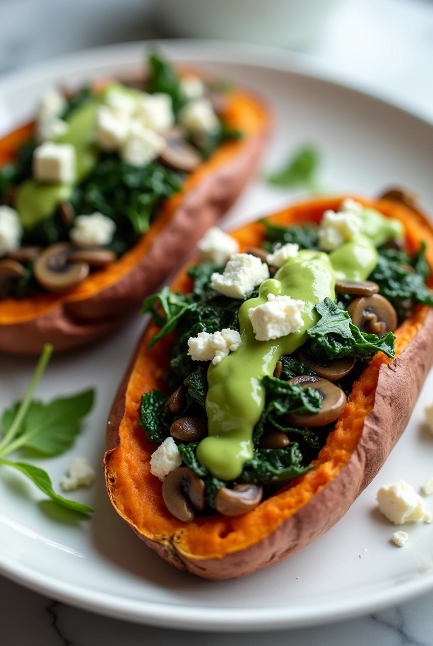 Close-up of roasted sweet potato boats filled with sautéed spinach and mushrooms, topped with creamy avocado dressing and crumbled feta