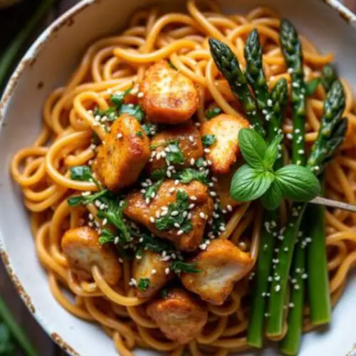 Coconut Basil Garlic Chicken Stir-Fry Bowl with Thai basil, garlic butter noodles, and roasted veggies