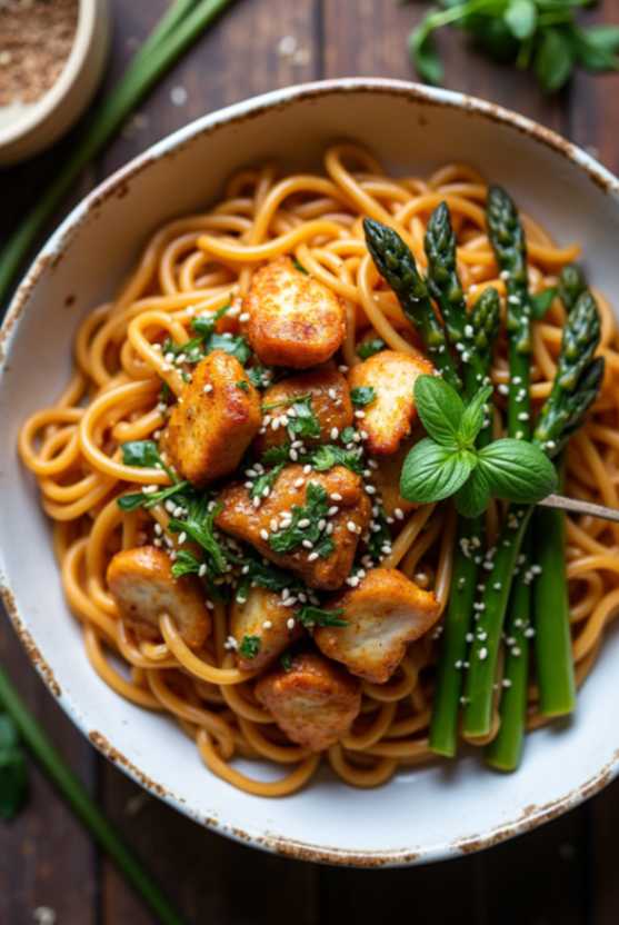 Coconut Basil Garlic Chicken Stir-Fry Bowl with Thai basil, garlic butter noodles, and roasted veggies