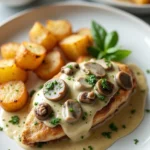 Close-up of creamy Alfredo chicken with mushrooms and crispy Parmesan potatoes drizzled with basil pesto.