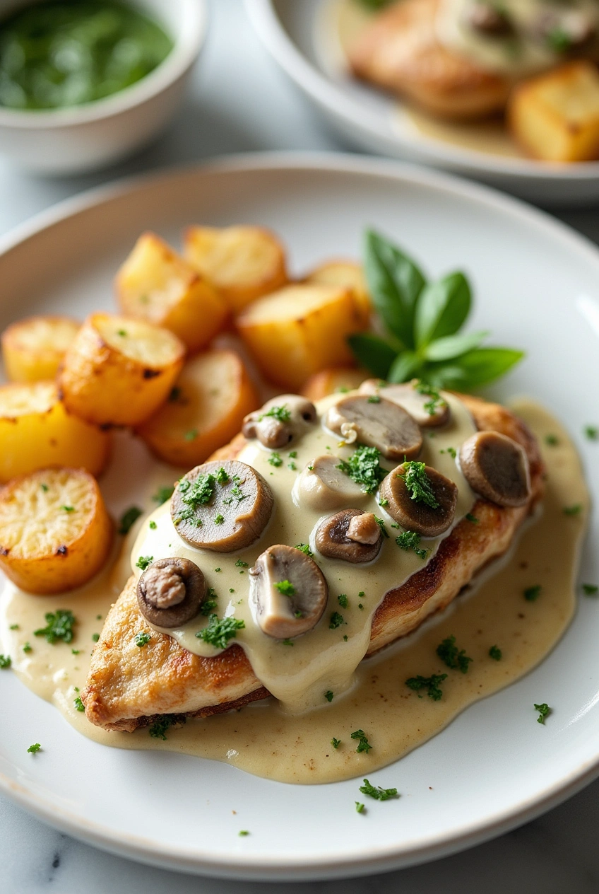 Close-up of creamy Alfredo chicken with mushrooms and crispy Parmesan potatoes drizzled with basil pesto.