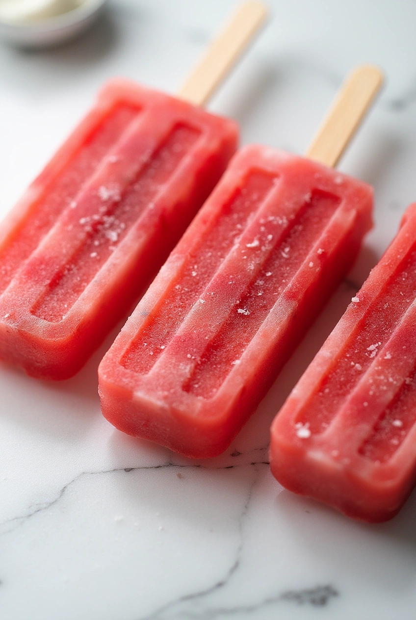 Close-up of Firecracker Watermelon Tequila Pops with chili lime dust on a white plate