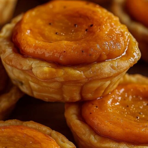 Mini Sweet Potato Pies on a marble table with whipped cream topping