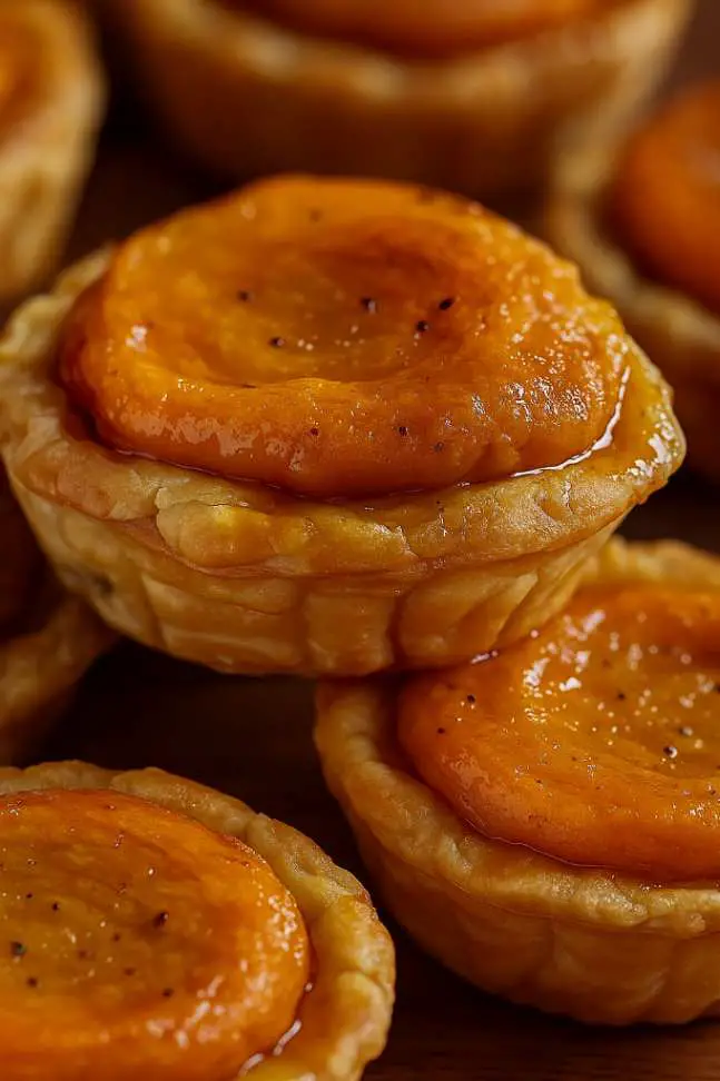 Mini Sweet Potato Pies on a marble table with whipped cream topping