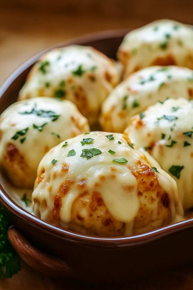 Golden brown Melted Mozzarella & Ranch Chicken Bombs on a white plate, showing melted cheese and crispy coating