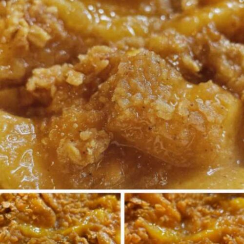 Baked peach crisp served warm in a white dish with a scoop of vanilla ice cream and fresh peach slices