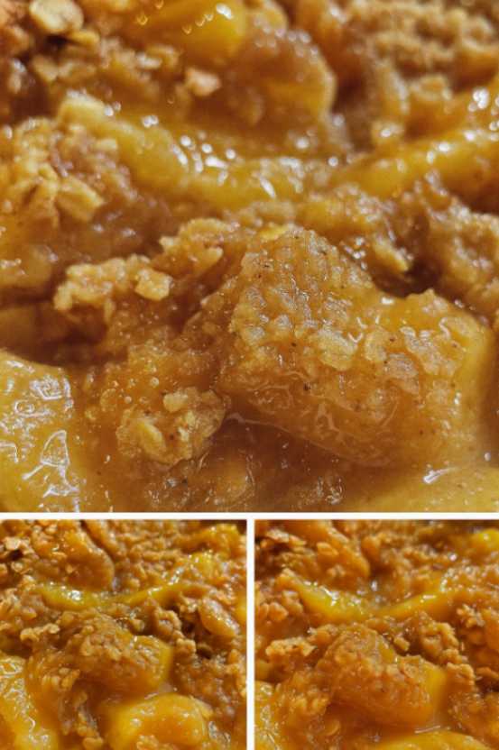 Baked peach crisp served warm in a white dish with a scoop of vanilla ice cream and fresh peach slices