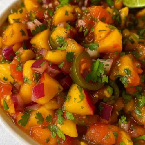 Close-up of fresh peach salsa with diced peaches, tomatoes, jalapeños, and cilantro in a glass bowl