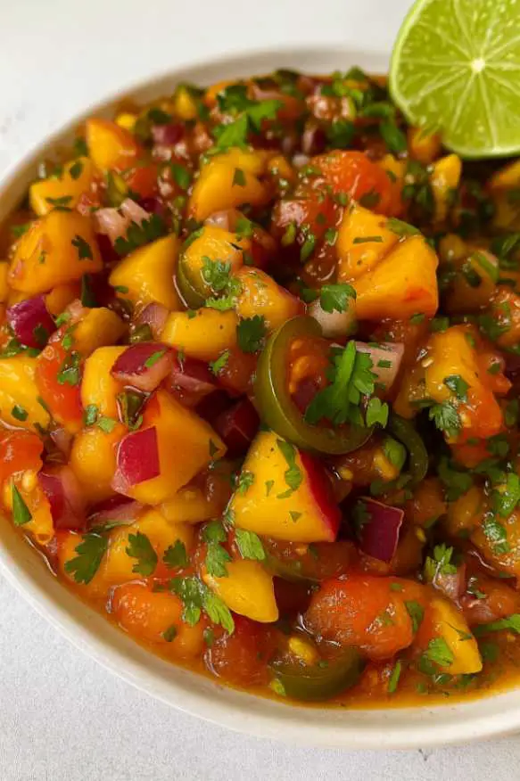 Close-up of fresh peach salsa with diced peaches, tomatoes, jalapeños, and cilantro in a glass bowl