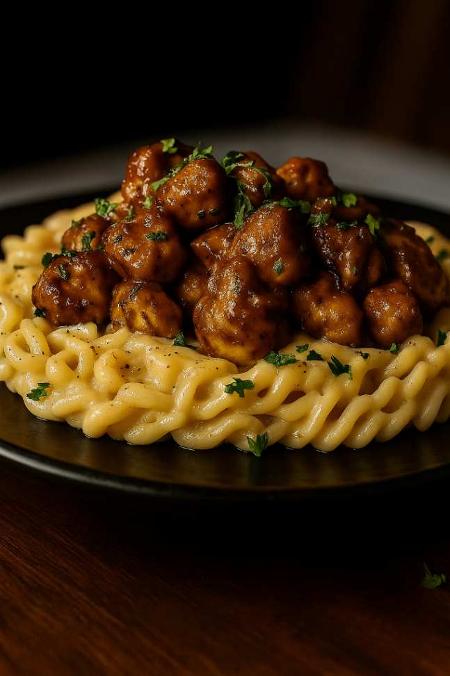 Garlic Butter Chicken Bites & Spicy Cajun Alfredo Twisted Pasta served in a bowl on a marble table with parsley garnish