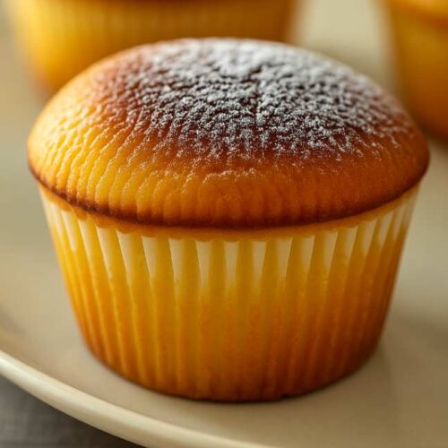 Flat lay of Japanese Castella Cupcakes ingredients on a white marble table, including eggs, honey, flour, butter, milk, and sugar