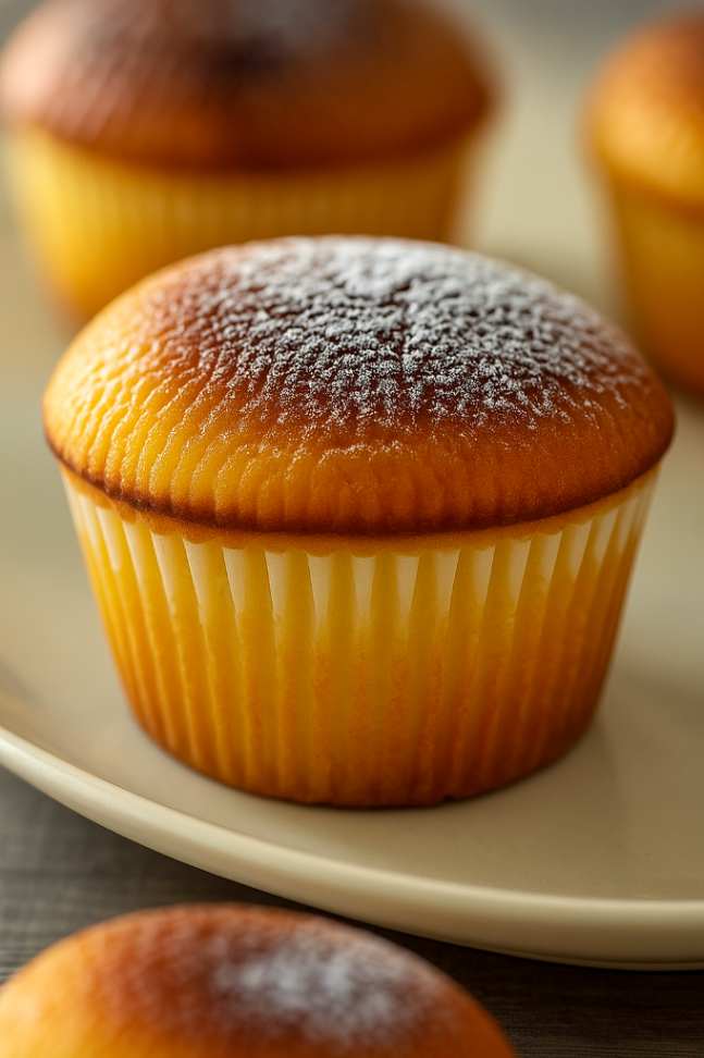 Flat lay of Japanese Castella Cupcakes ingredients on a white marble table, including eggs, honey, flour, butter, milk, and sugar