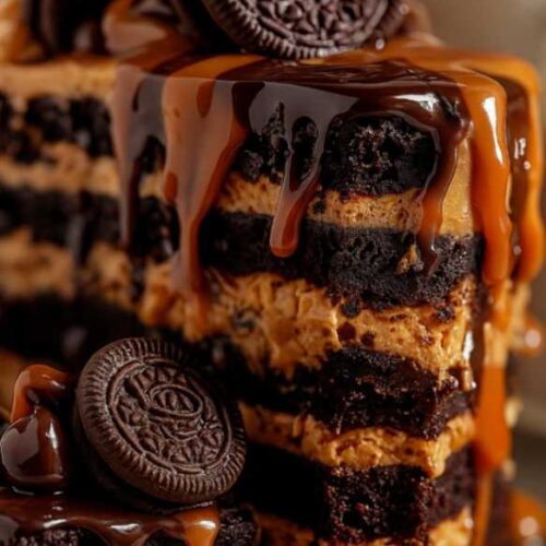 Peanut Butter Oreo Chocolate dessert sliced on a marble table
