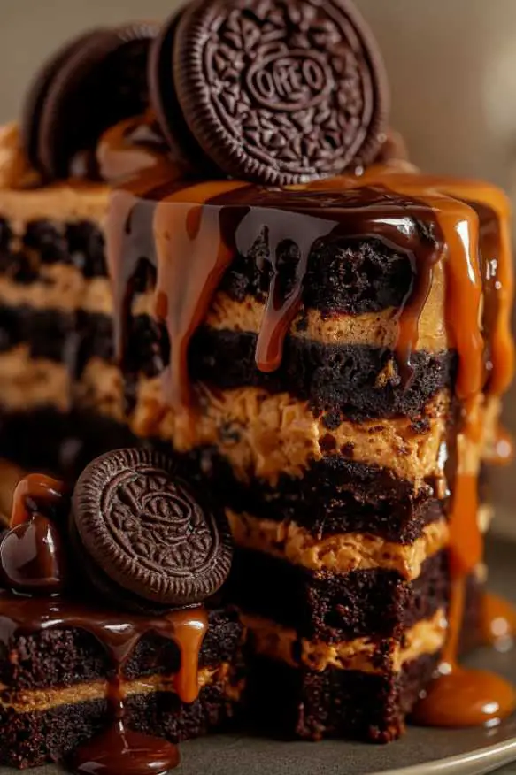 Peanut Butter Oreo Chocolate dessert sliced on a marble table