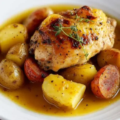 Flat lay of fresh ingredients for Lemon Greek Chicken and Potatoes on a marble table, including chicken, lemon, potatoes, garlic, and herbs