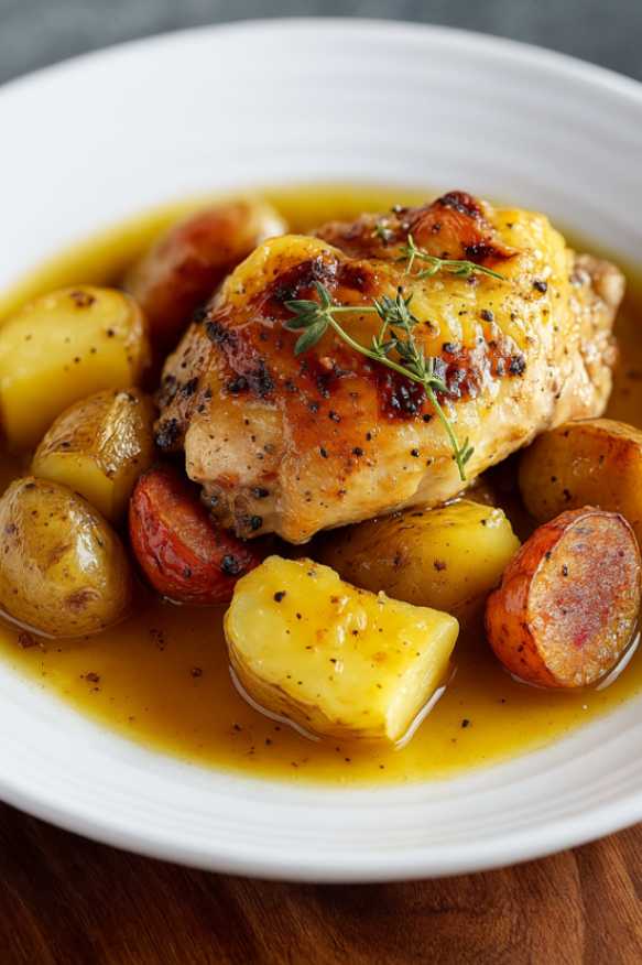 Flat lay of fresh ingredients for Lemon Greek Chicken and Potatoes on a marble table, including chicken, lemon, potatoes, garlic, and herbs
