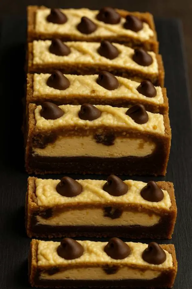 A stack of Brown Butter Chocolate Chip Cookie Cheesecake Bars on a marble table, showing creamy cheesecake and golden cookie layers.