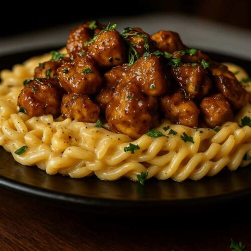 Garlic Butter Chicken Bites & Spicy Cajun Alfredo Twisted Pasta served in a bowl on a marble table with parsley garnish