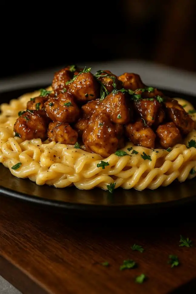 Garlic Butter Chicken Bites & Spicy Cajun Alfredo Twisted Pasta served in a bowl on a marble table with parsley garnish