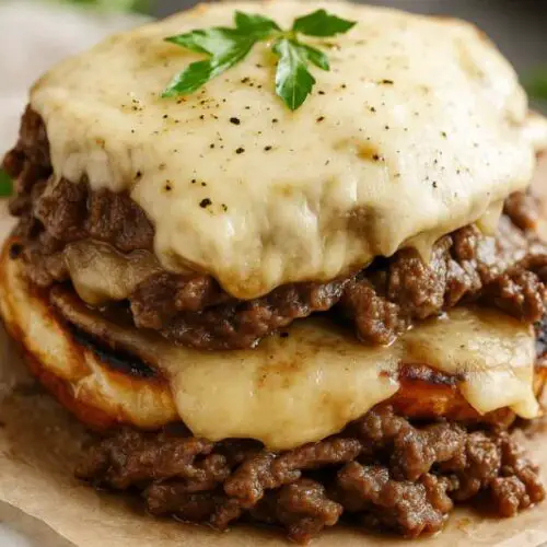 Close-up of Crock Pot Philly Cheesesteak with melted provolone cheese and caramelized onions on a toasted hoagie roll