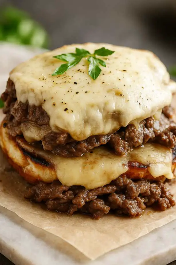 Close-up of Crock Pot Philly Cheesesteak with melted provolone cheese and caramelized onions on a toasted hoagie roll