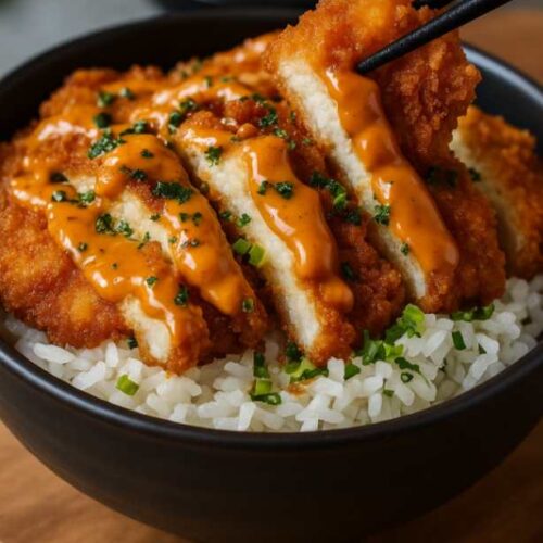 Crispy Japanese katsu cutlet served over rice with tonkatsu sauce and creamy mayo in a bowl
