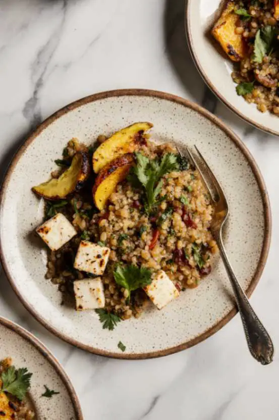 Vegan meal prep with high protein ingredients like lentils, tofu, and quinoa