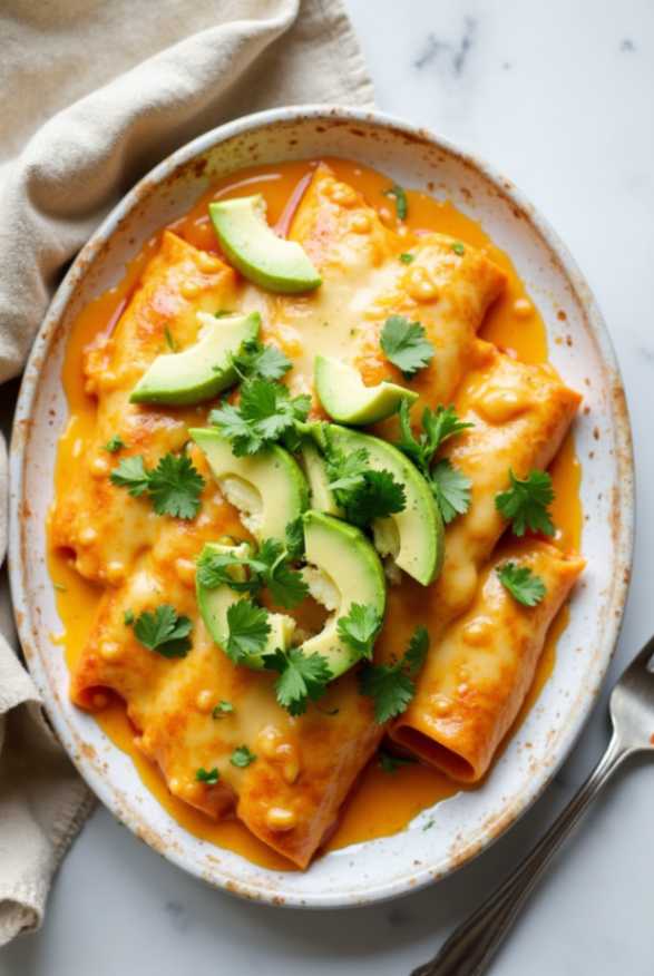 Homemade easy chicken enchiladas served with cheesy sauce, fresh cilantro, and sliced avocado on a marble table