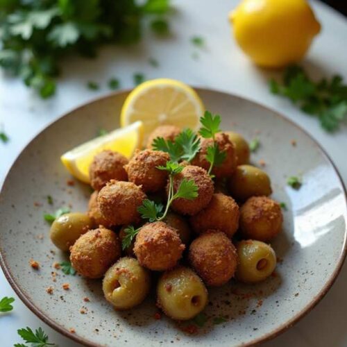 Jamie Oliver air-fried stuffed olives served on a white plate with lemon wedges and fresh parsley