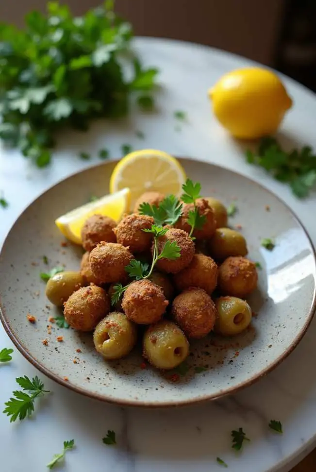 Jamie Oliver air-fried stuffed olives served on a white plate with lemon wedges and fresh parsley