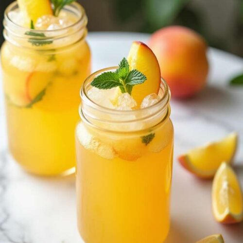 Glass mason jar filled with homemade peach lemonade, garnished with lemon and peach slices