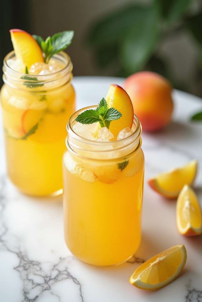 Glass mason jar filled with homemade peach lemonade, garnished with lemon and peach slices