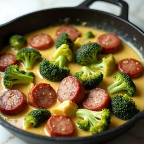 Creamy kielbasa broccoli skillet served in a black cast iron pan with melted cheese and broccoli florets