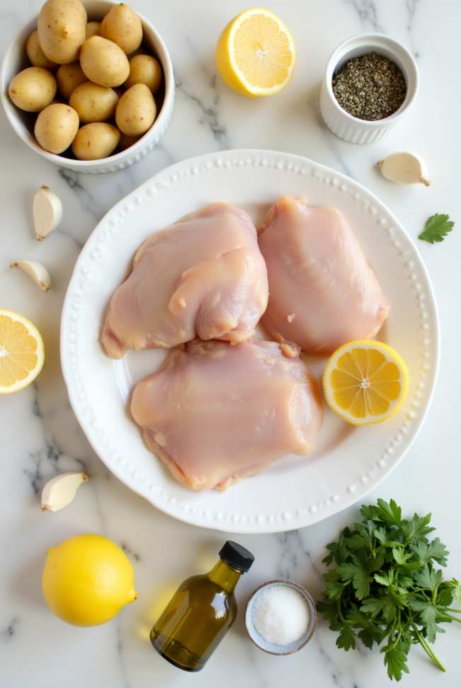 Flat lay of fresh ingredients for Lemon Greek Chicken and Potatoes on a marble table, including chicken, lemon, potatoes, garlic, and herbs