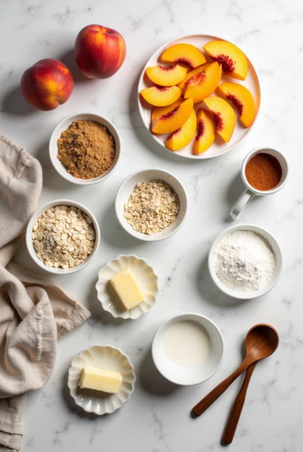 Baked peach crisp served warm in a white dish with a scoop of vanilla ice cream and fresh peach slices