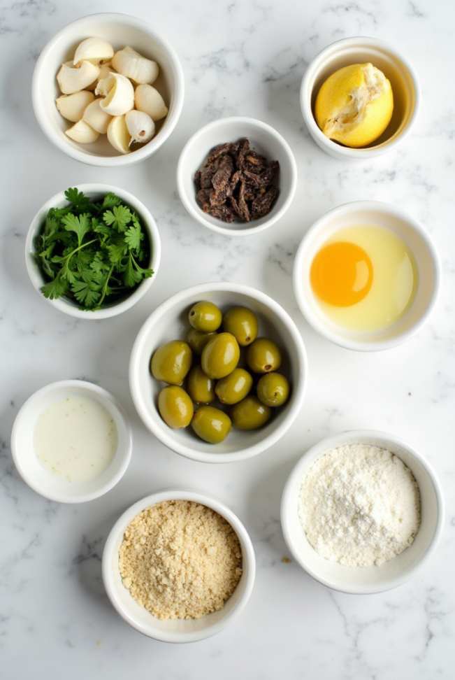 Jamie Oliver air-fried stuffed olives served on a white plate with lemon wedges and fresh parsley