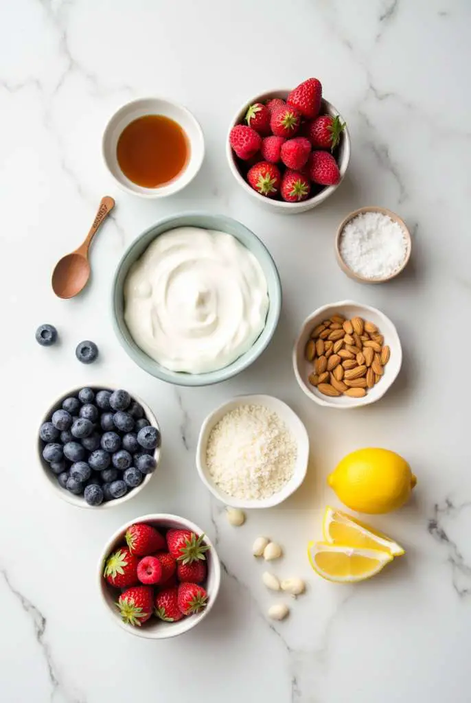 Chocolate strawberry Greek yogurt keto bowl topped with fresh fruit and dark chocolate