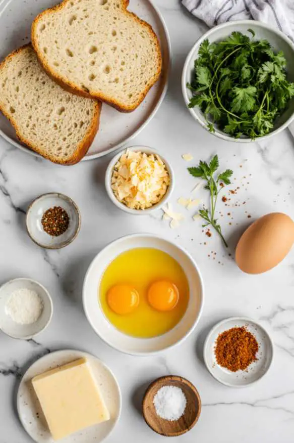 Crispy egg and cheese toast with melted cheddar and herbs on golden bread