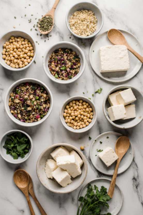 Vegan meal prep with high protein ingredients like lentils, tofu, and quinoa