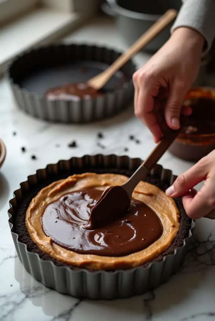 Peanut Butter Oreo Chocolate dessert sliced on a marble table
